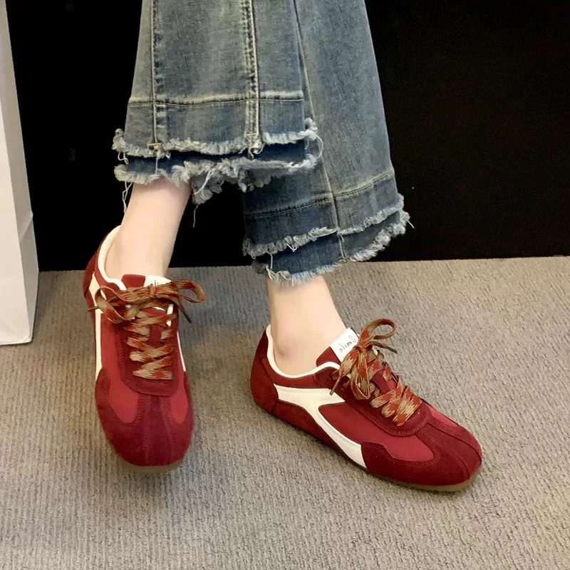 方头红色女士德训鞋板鞋撞色休闲厚底增高鞋真皮拼色小个子鞋子