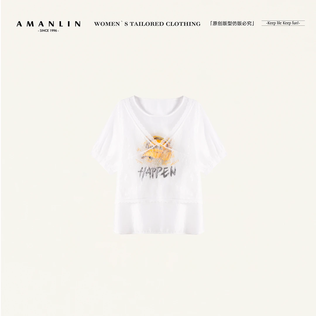 AMANLIN/阿谩琳欧若风蕾丝拼接透气印花衬衫时尚百搭上衣Y597133