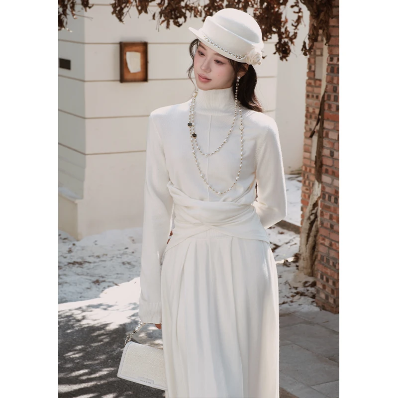 《茶山的麋鹿》法式前后两穿单排扣针织上衣压褶半身裙彼得潘大叔