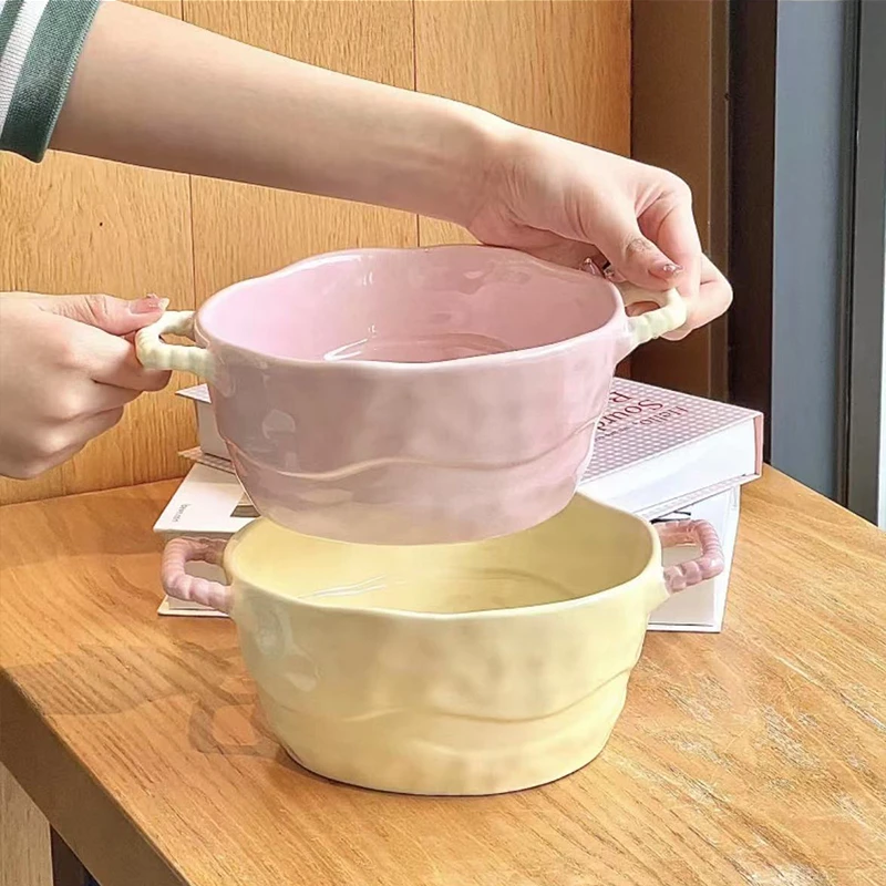 可爱少女心双耳陶瓷汤碗2025新款高颜值泡面碗螺蛳粉碗水果沙拉碗