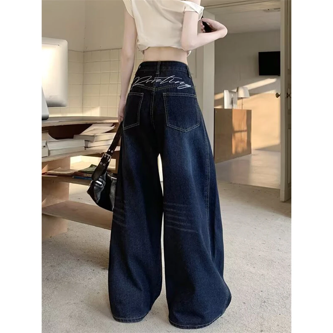 背后刺绣阔腿牛仔裤男女美式水洗拼接解构设计感宽松廓形弯刀长裤