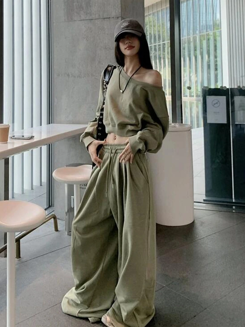 美式复古休闲运动套装女秋季高街辣妹穿搭短款斜肩卫衣长裤两件套