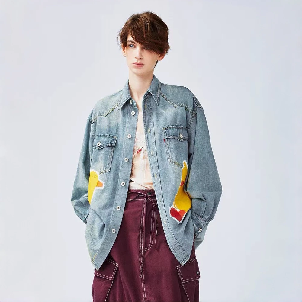 3096趣味鸭印花设计师短款牛仔衬衫上衣工装口袋廓形做旧时尚衬衣