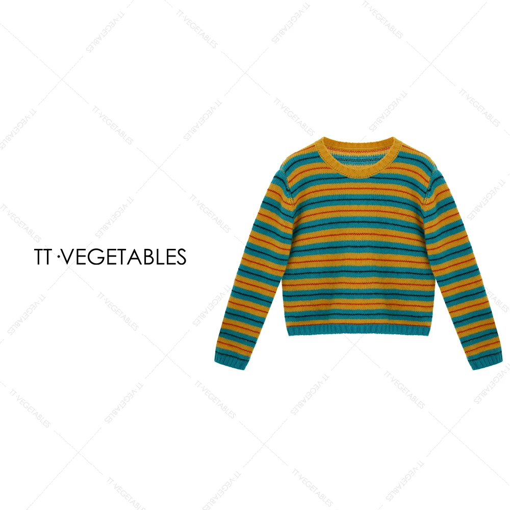 噢芬/小个子【绿煌】绵羊毛条纹毛衣女2025设计感圆领针织衫522076