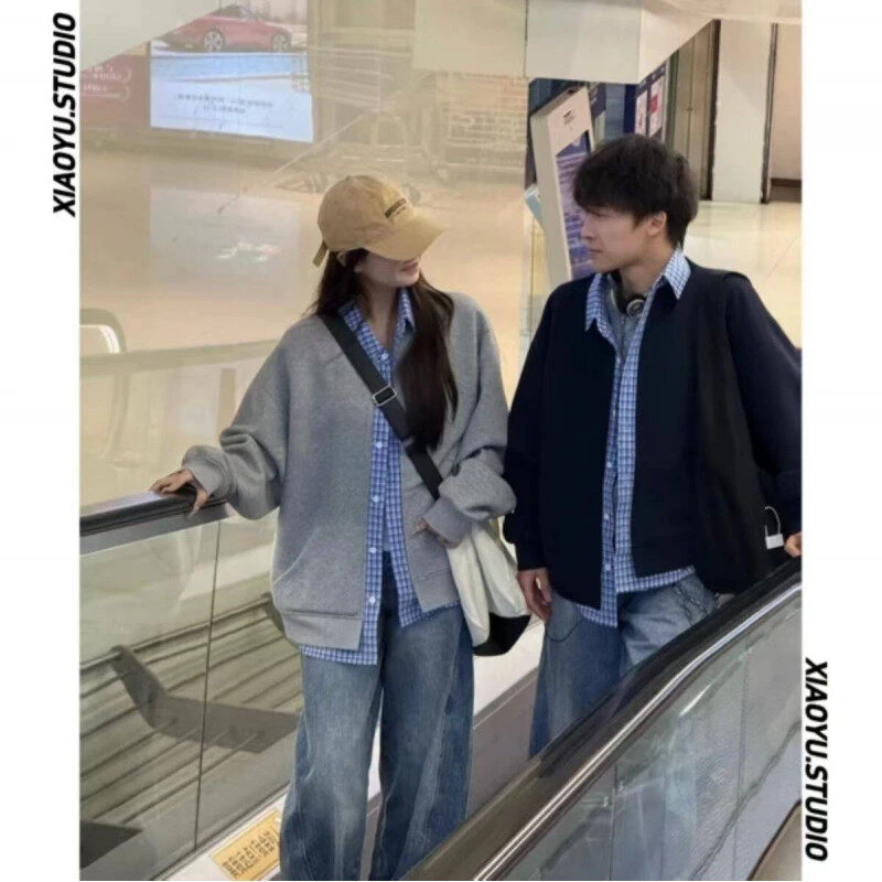 美式复古假两件卫衣开衫外套男款春季格子拼接cleanfit情侣棒球服