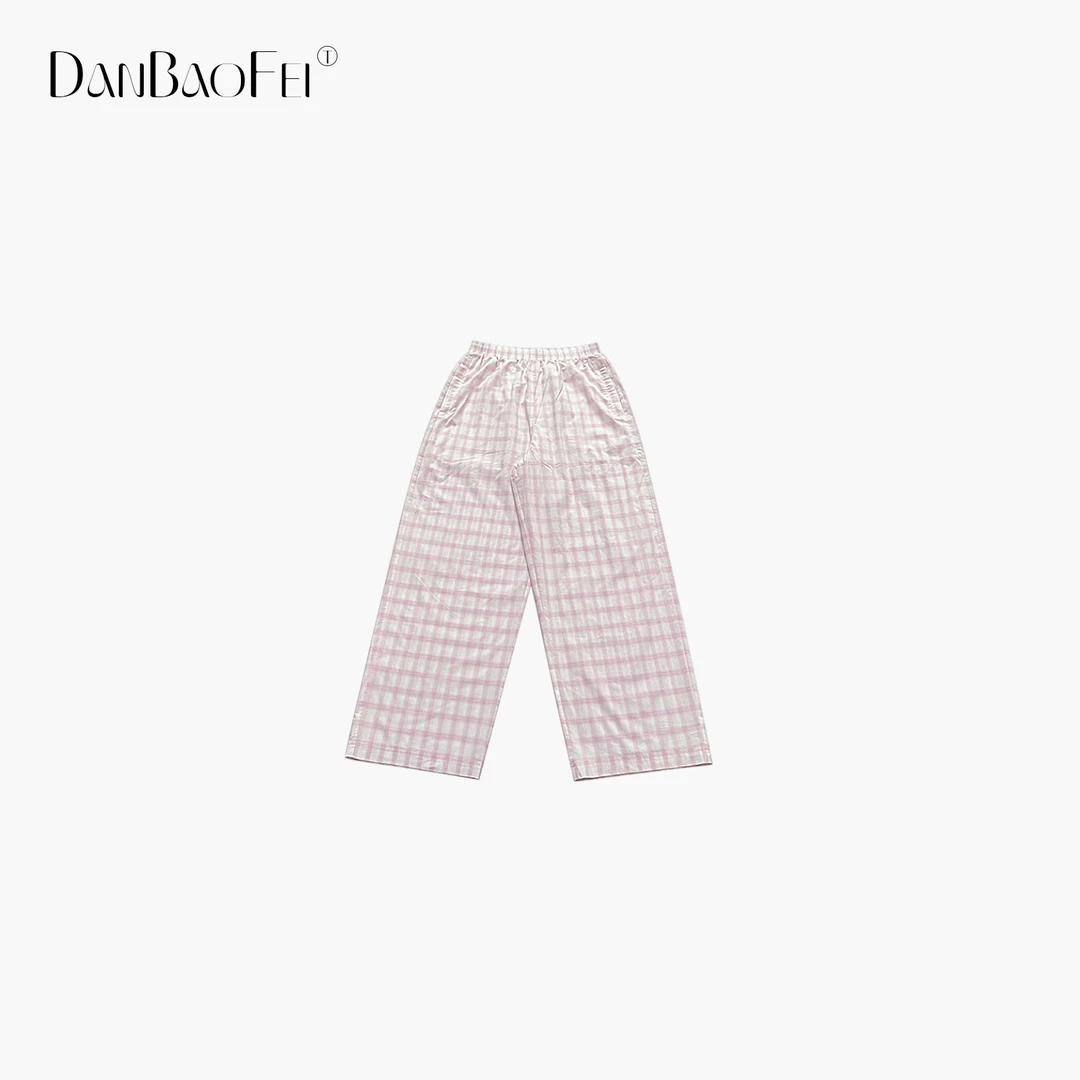 SS 樱花粉格 粉白格松紧腰百搭纯棉休闲裤 YLM00928