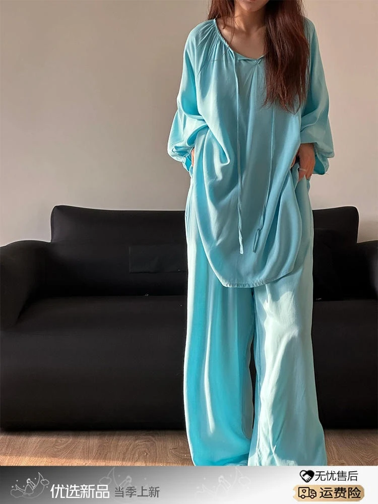 法式温柔风绵绸睡衣女夏季新款高级感简约纯色长袖长裤家居服套装