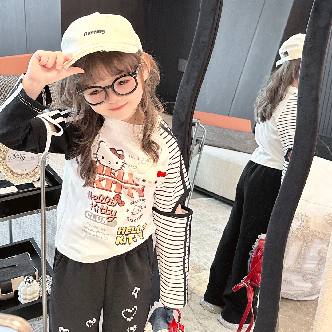 【Mantoumama】33【新款】AB镂空袖KT上衣女童秋季百搭设计感卡通上衣