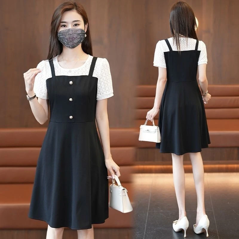 蕾丝拼接连衣裙女装夏季短袖A字裙子气质修身显瘦夏装假两件裙子