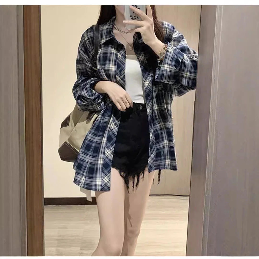早秋慵懒风POLO领格子长袖衬衫女宽松中长款防晒外套