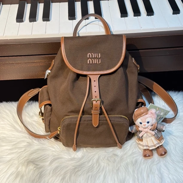 99新 MIU MIU/缪缪 可可棕帆布双肩包 大号