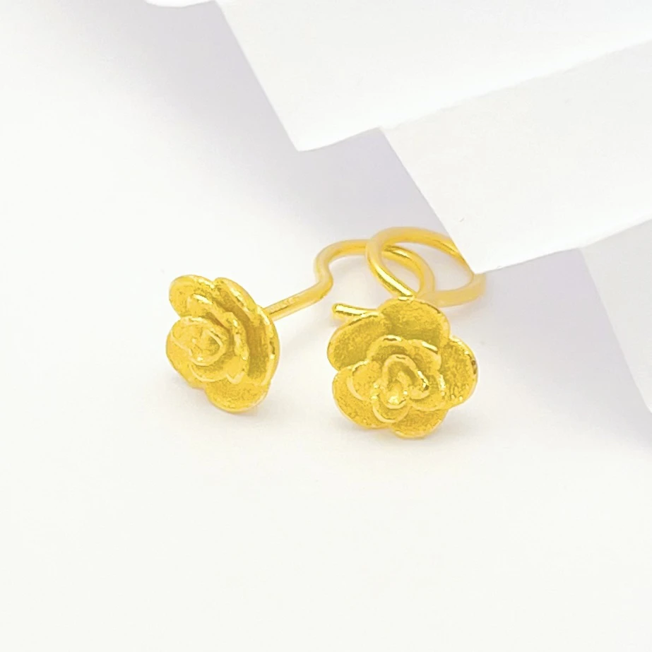 气质足金磨砂玫瑰花黄金耳钉