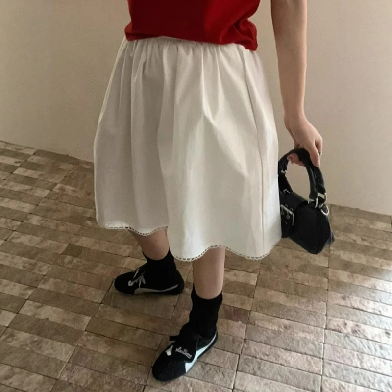 韩系拼接花边短裙小个子a字裙女夏季休闲高级感白色松紧腰半身裙