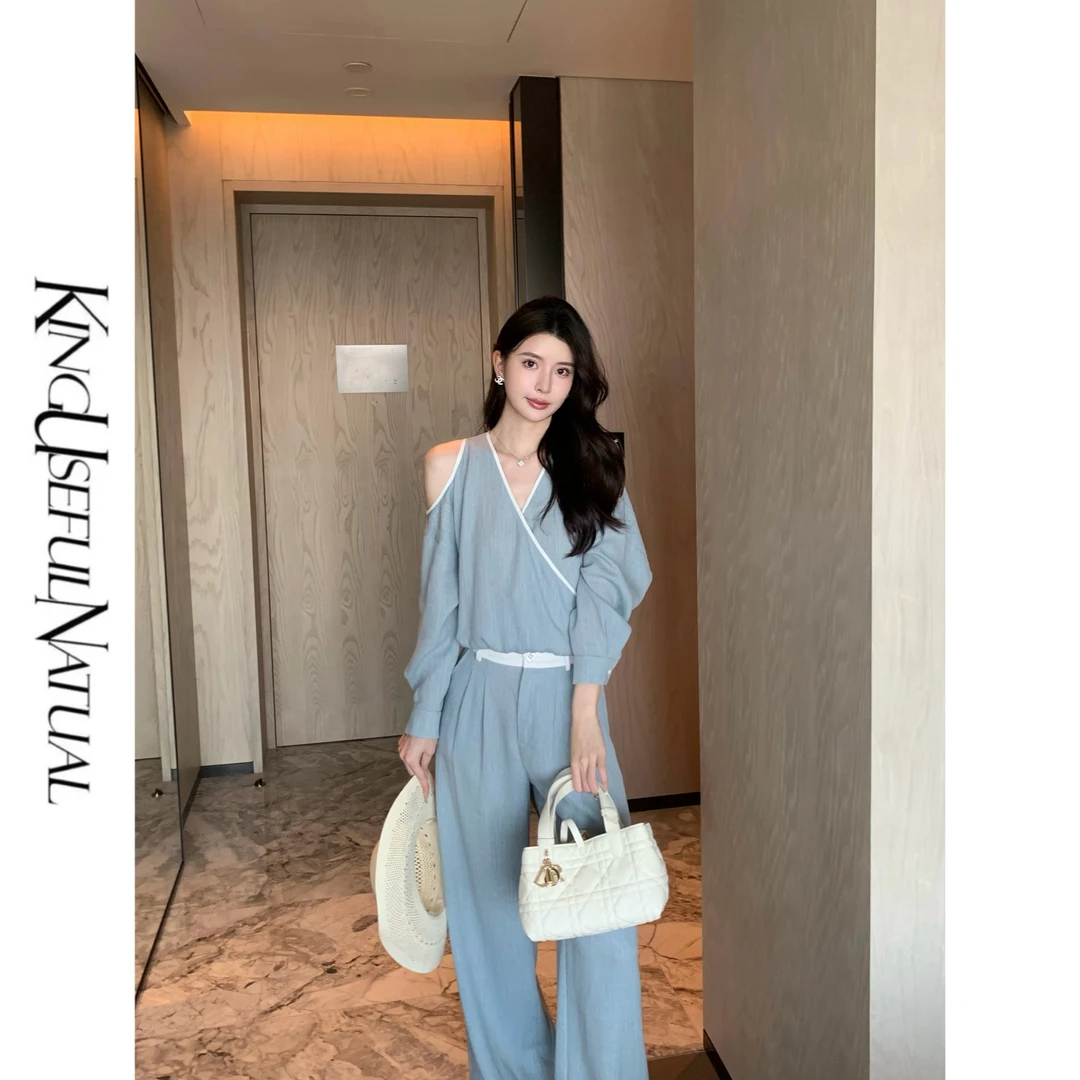 KUN【海盐巴斯克】轻松自如 竖纹肌理仿牛仔蓝白拼色垂感早秋套装