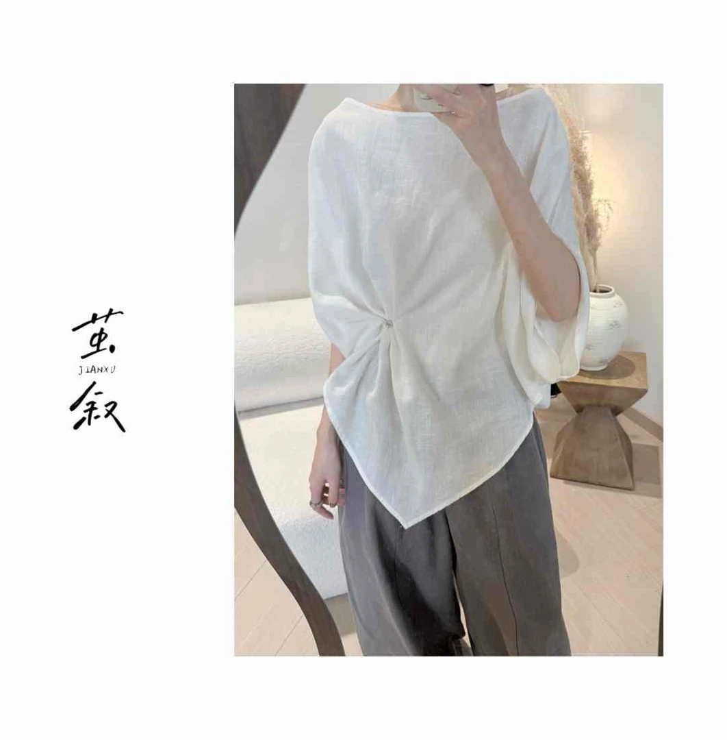JIAN.XU亚麻纯色夏季一字肩设计款上衣 衣长75 胸围140