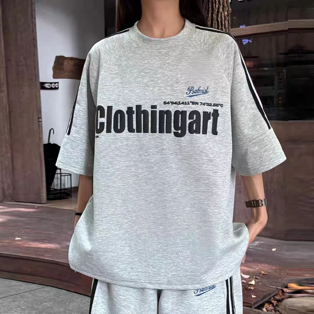 T24029夏季潮牌美式复古撞色三条杠学院风字母休闲短袖T恤