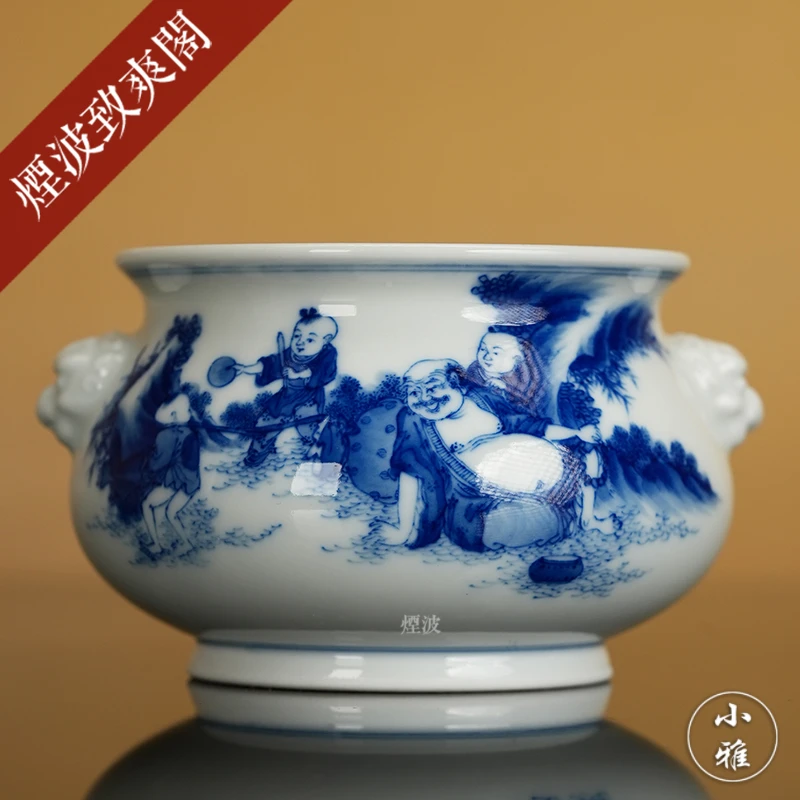 景德镇小雅阮定荣造小雅珍藏款青花罗汉图纹狮耳香炉