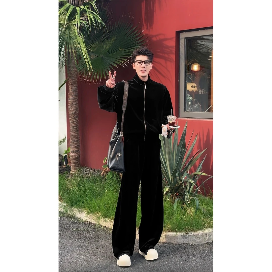 秋季新品复古高级感丝绒立领夹克套装男轻奢简约宽松休闲外套长裤