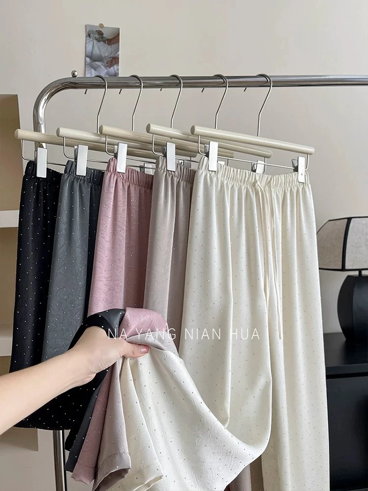 白色烫钻女夏季薄款小个子休闲高腰垂感冰丝凉凉拖地裤