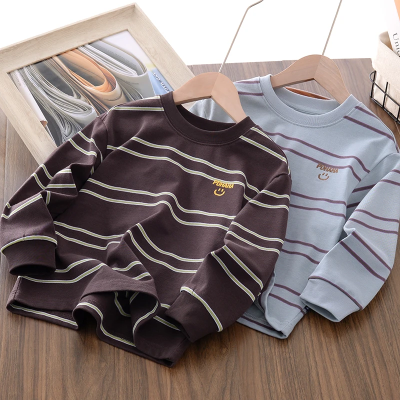 男童秋季新款色织条纹长袖T恤中大童秋款刺绣打底衫百搭上衣6379