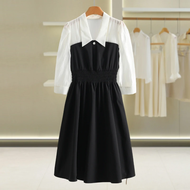 F142-【嘉】法式收腰显瘦假两件方领连衣裙#QJM47L008