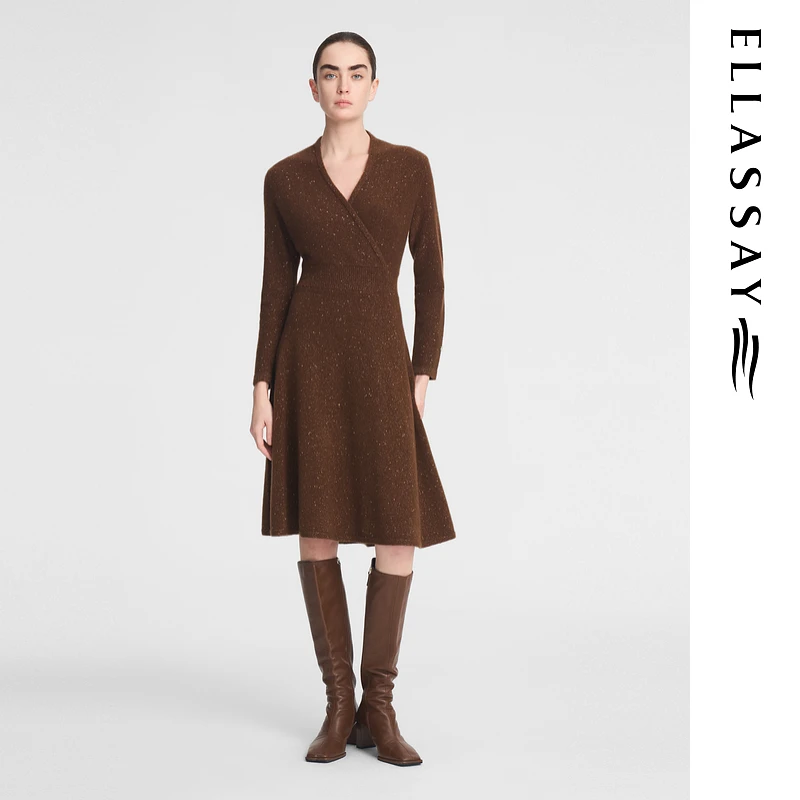 ELLASSAY歌力思秋季95山羊绒V领气质长袖连衣裙女EWF354M07700