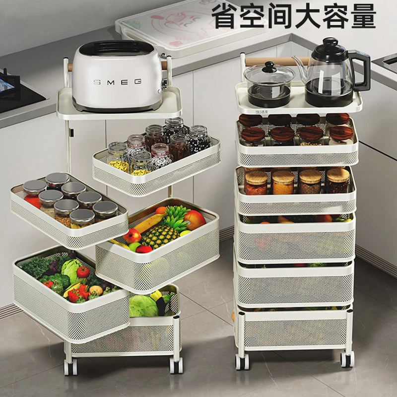 厨房旋转多功能置物架家用落地多层零食小推车水果蔬菜篮子收纳架