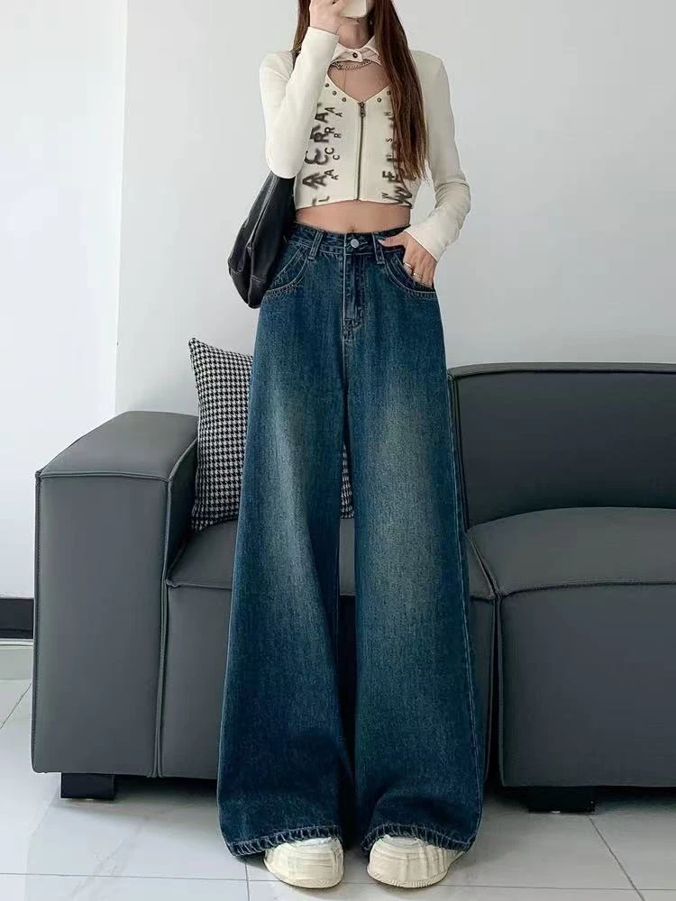 春款【富】复古百搭宽松高腰垂感阔腿大甩裤牛仔裤女