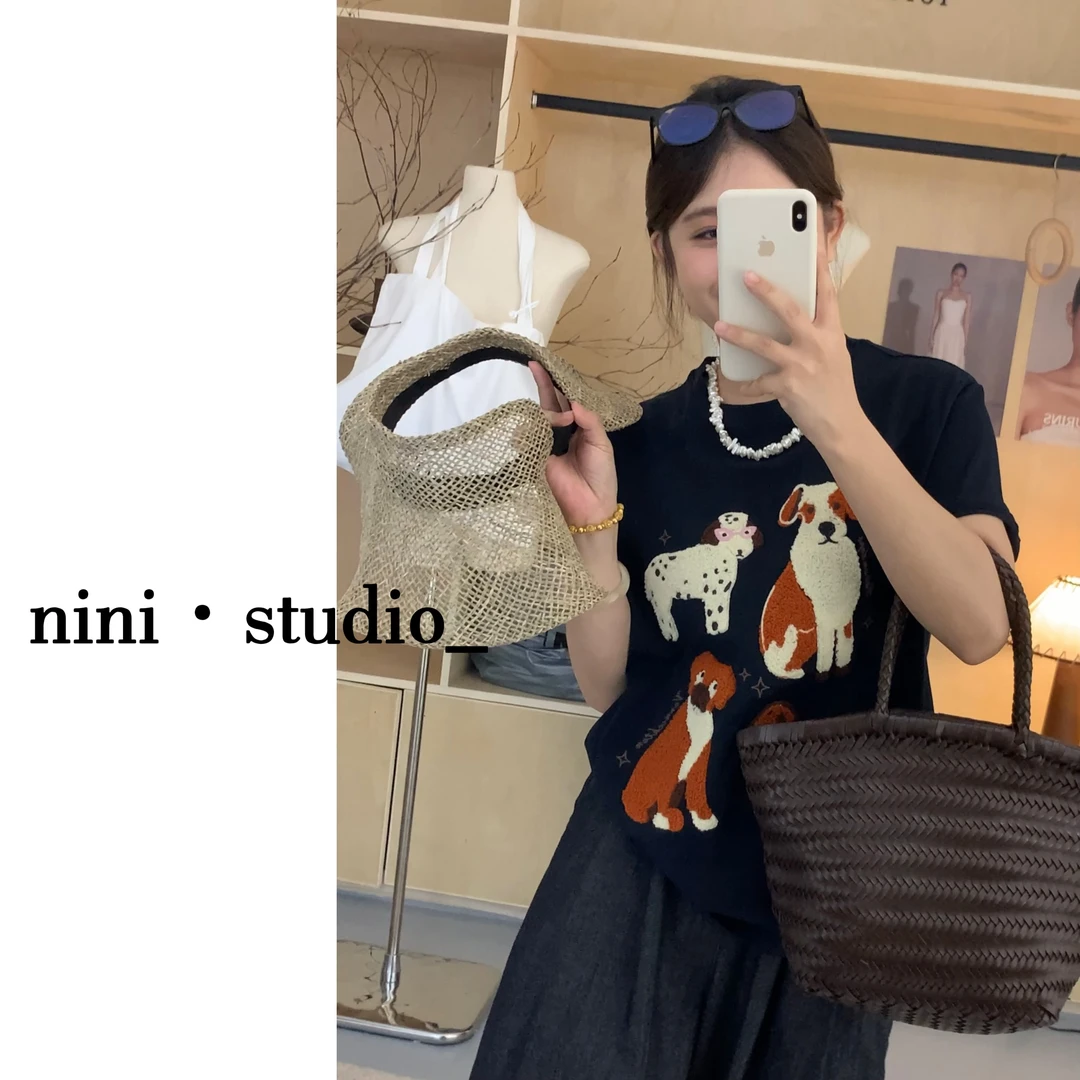 nini·重工刺绣小狗韩系ins风短袖T恤