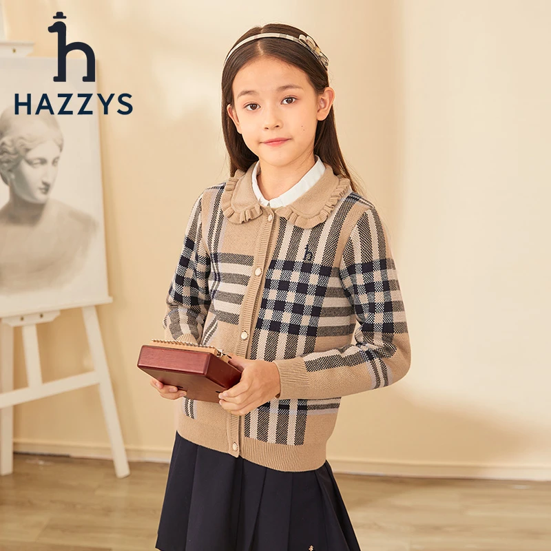 Hazzys/哈吉斯品牌童装【达人专属】女童线衣开身格纹开衫针织秋冬