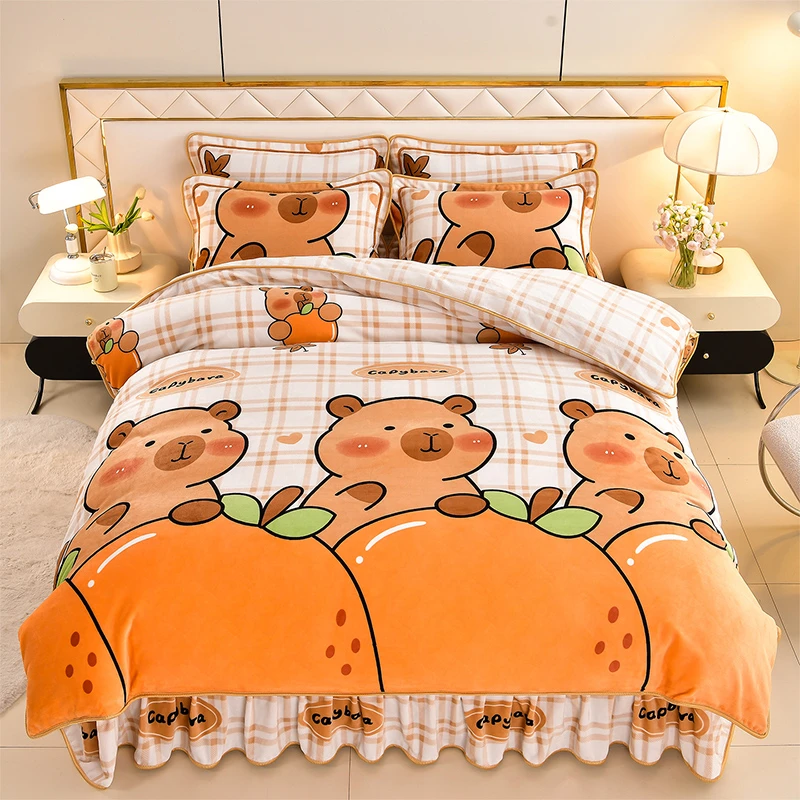 新款加厚牛奶绒四件套防静电冬季加绒被套被罩床裙三件套床上用品