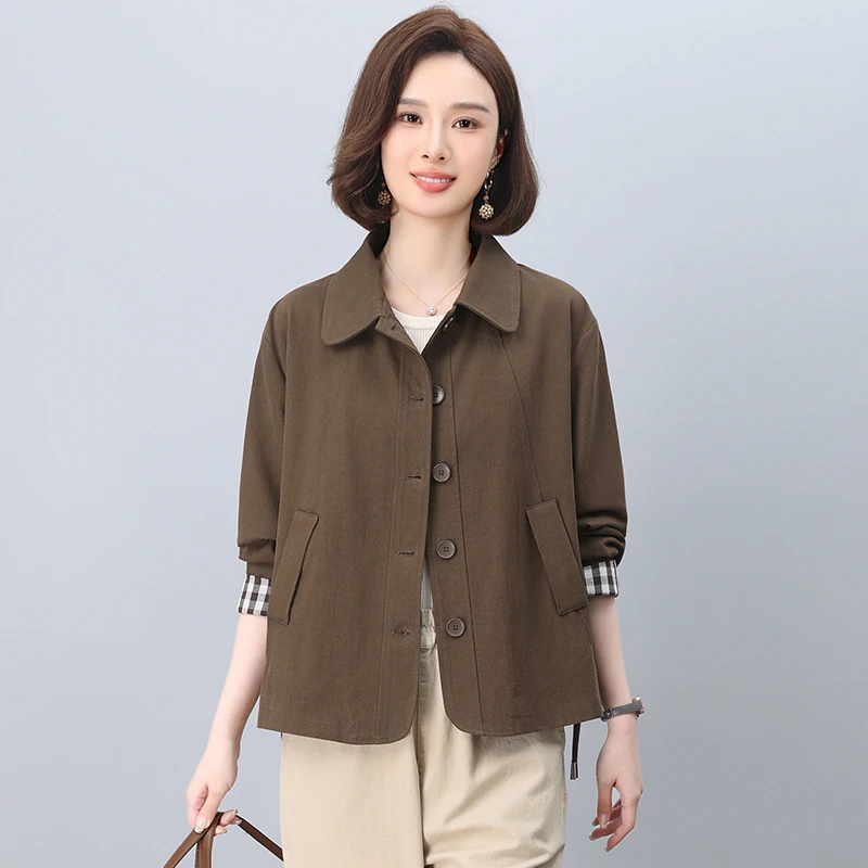中年妈妈纯棉风衣外套女短款2025春秋新款小个子宽松大码夹克上衣