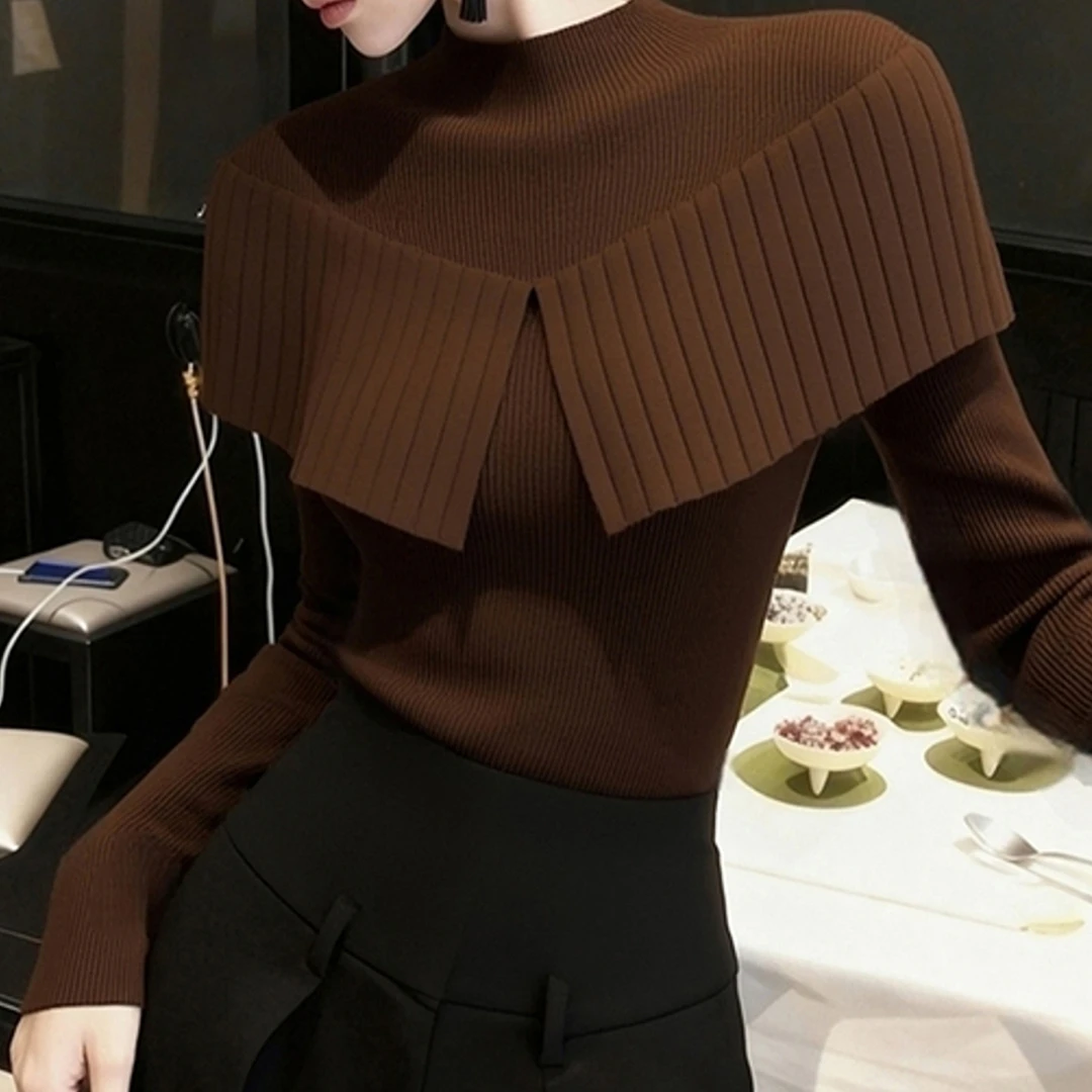 轻奢绝美咖色圆领披肩长袖毛衣针织衫女秋冬款简约洋气复古风小衫