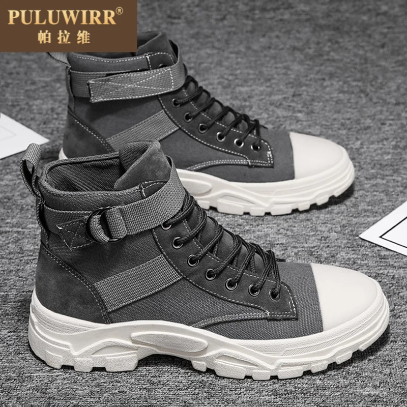 帆布鞋男2025新款夏季透气高筒工作板鞋潮流百搭厚底运动休闲 潮