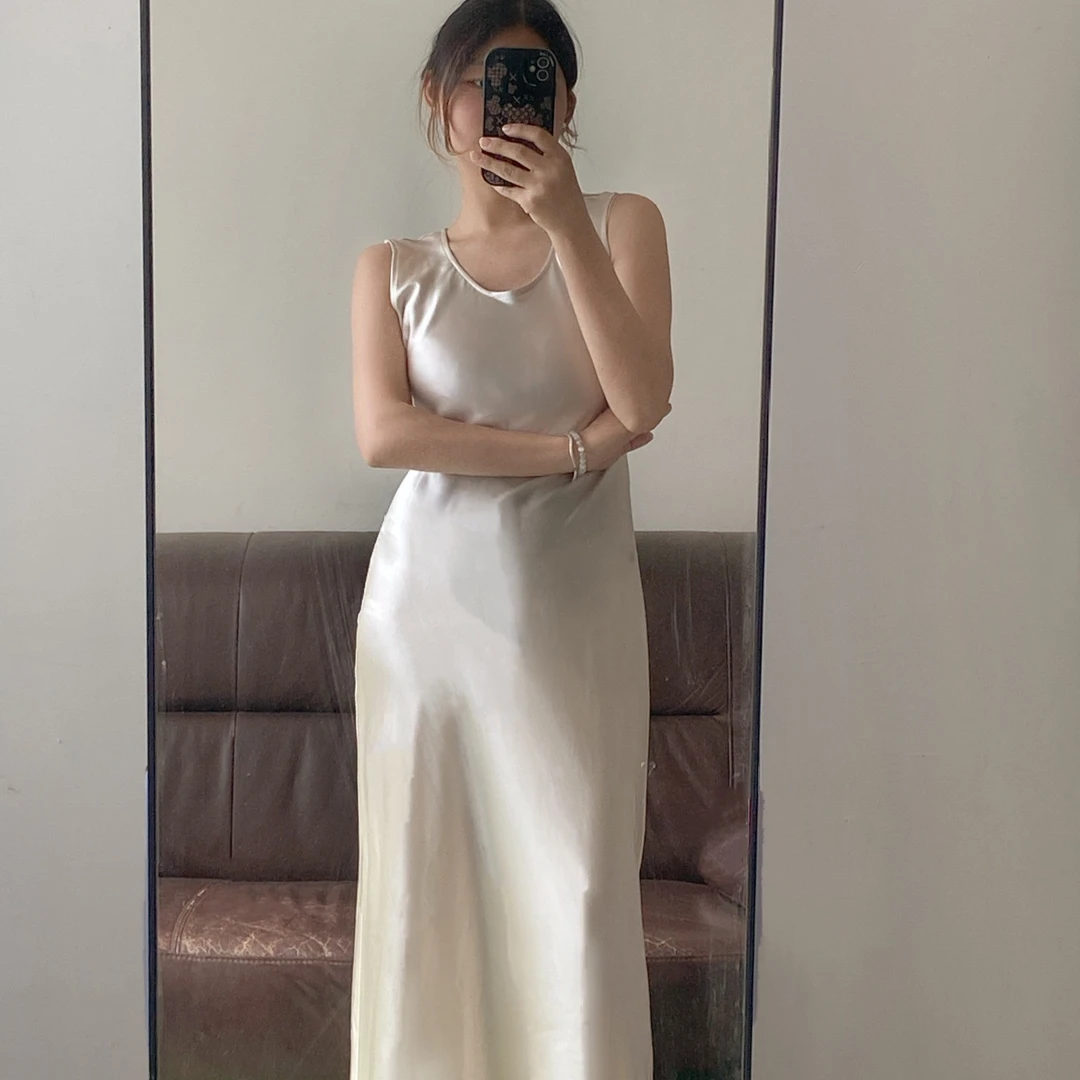 24730斜裁加长宽肩带醋酸吊带裙显瘦遮肉U领巨遮副乳连衣裙背心裙