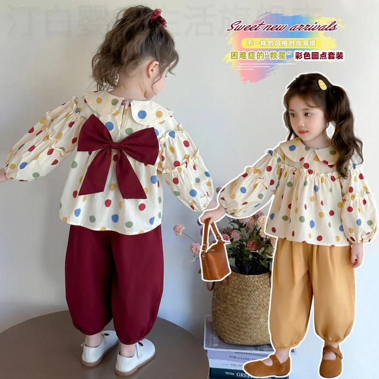 2025新款春秋季女童彩色圆点可爱蝴蝶结长袖上衣百搭休闲裤