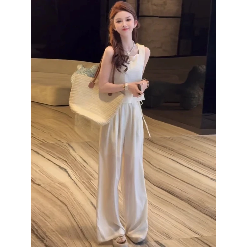 2025新款夏季穿搭一整套小个子减龄气质无袖背心高腰阔腿裤两件套