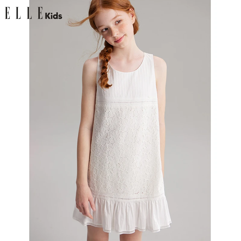 ELLE KIDS 棉布刺绣花朵连衣裙女童夏季新款法式度假背心裙子A2