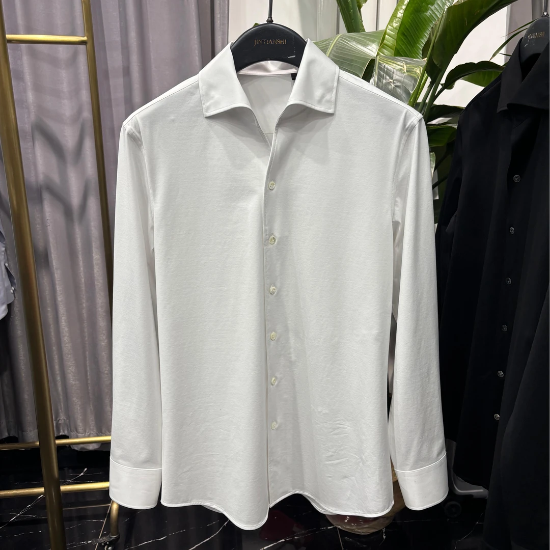 #新款 #360度立体环绕 #高弹力针织衬衫 #一片领 #长袖 #手工钉扣