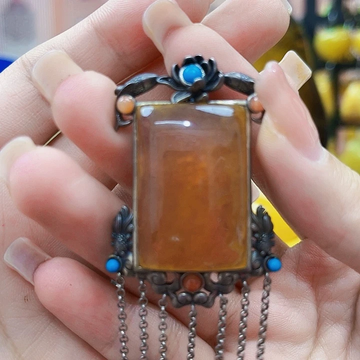 琥珀银S925镶嵌戒指吊坠