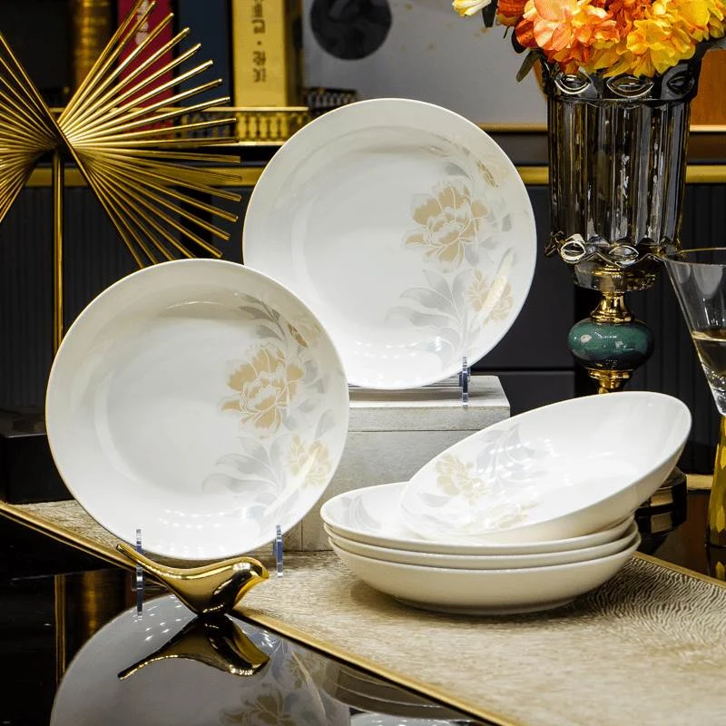 【老板来了】清雅名媛8英寸圆形深盘10个装家用陶瓷盘轻奢