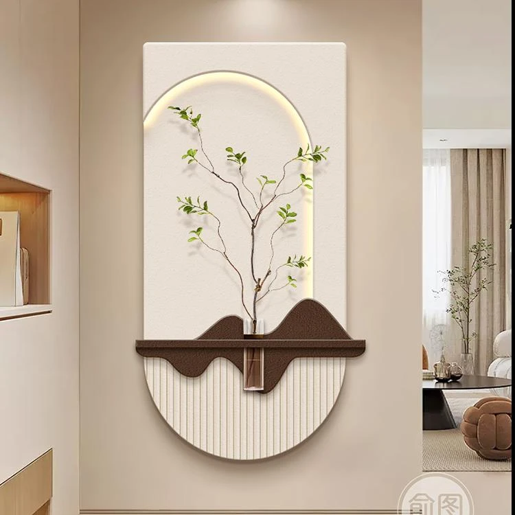奶油风玄关装饰画水培绿植走廊尽头挂画进门正对墙高级感发光壁画