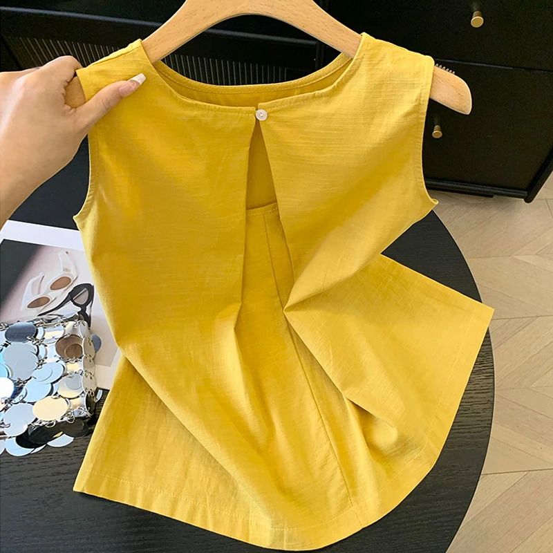 韩系黄色镂空无袖上衣女2025夏季新款独特漂亮穿搭高级感洋气T恤