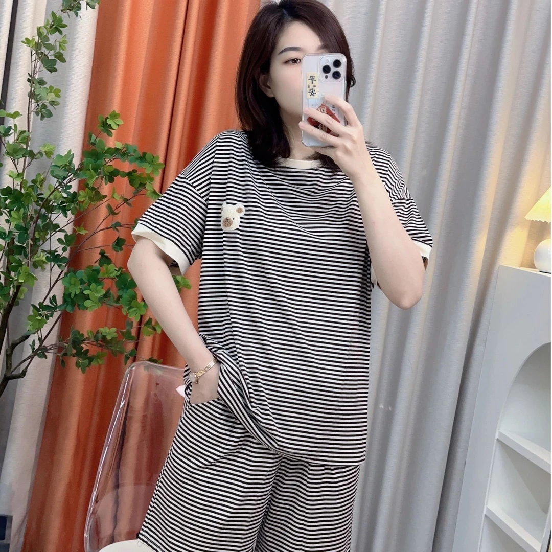 夏季爽棉睡衣女显瘦时尚休闲条纹宽松圆领咖色舒适简约韩版家居服