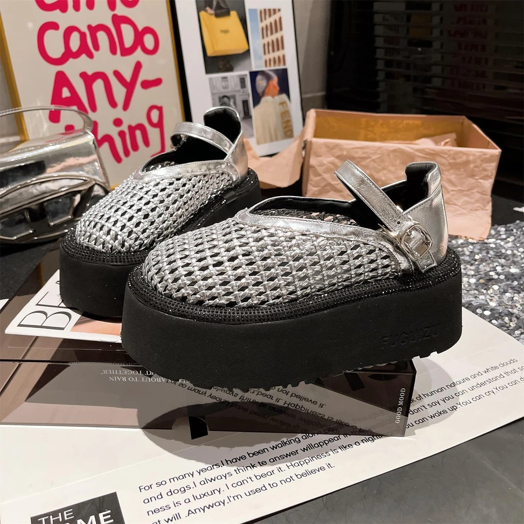 2025夏季新款编织镂空网面透气厚底一字玛丽珍鞋包头凉鞋单鞋女鞋