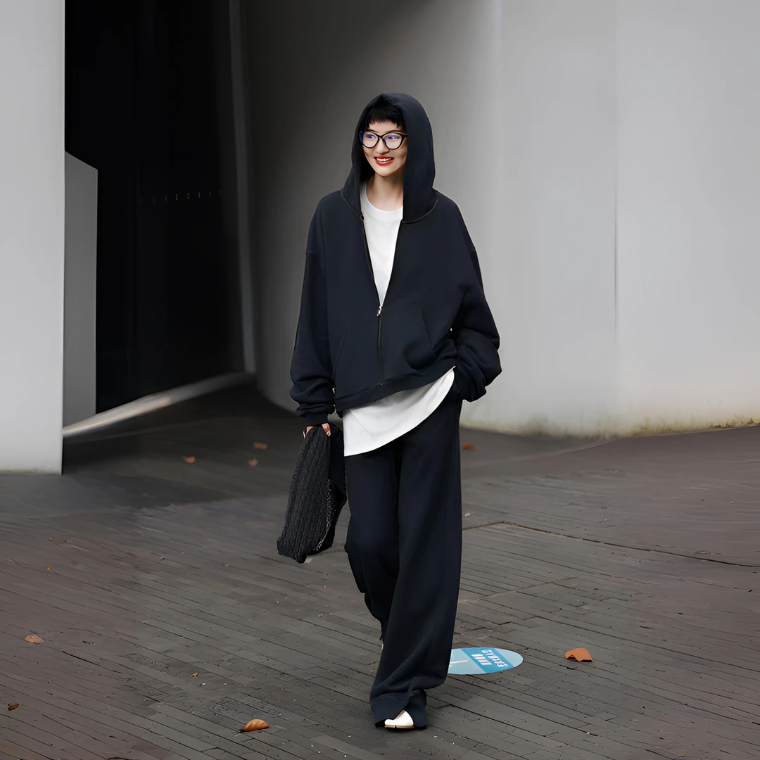 2025定制花纱棉卫衣套装宽松廓形连帽帅气有型遮肉显瘦直筒阔腿