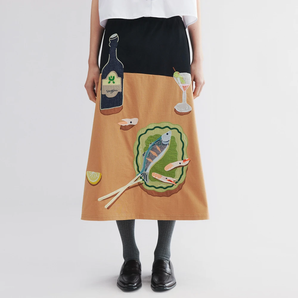 UOOYAA/乌丫2025秋季新款「爱与食物」鱼虾和酒半裙4182