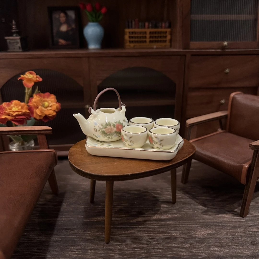 微缩娃娃屋迷你陶瓷奶黄色茶具套装过家家玩具摆件模型