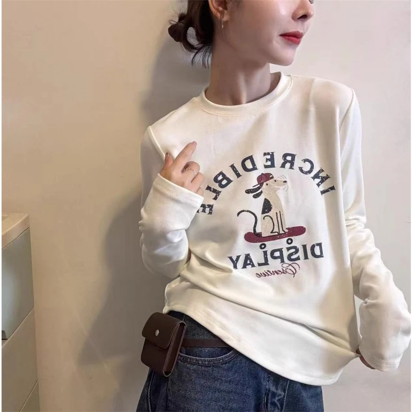 韩系精品绒卡通印花俏皮减龄长袖T恤女2025秋冬新款圆领打底上衣