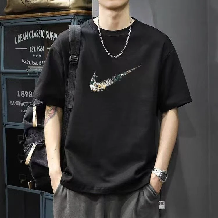 奥莱正品丨夏季纯棉圆领短袖T恤情侣款男士宽松大版运动风纯棉T恤